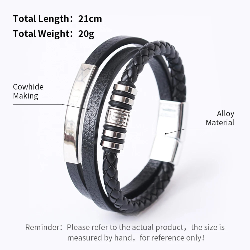 Bracelets en cuir tendance pour hommes, en acier inoxydable, corde tressée multicouche de 21CM, bijoux cadeaux MAEJORKEN
