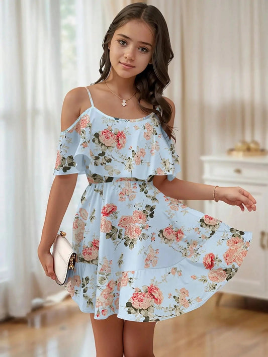 Robe mi-longue décontractée et élégante pour filles, nouvelle collection 2026, style bohème, imprimé floral, à bretelles, col unique, bord à volants, épaules dénudées MAEJORKEN