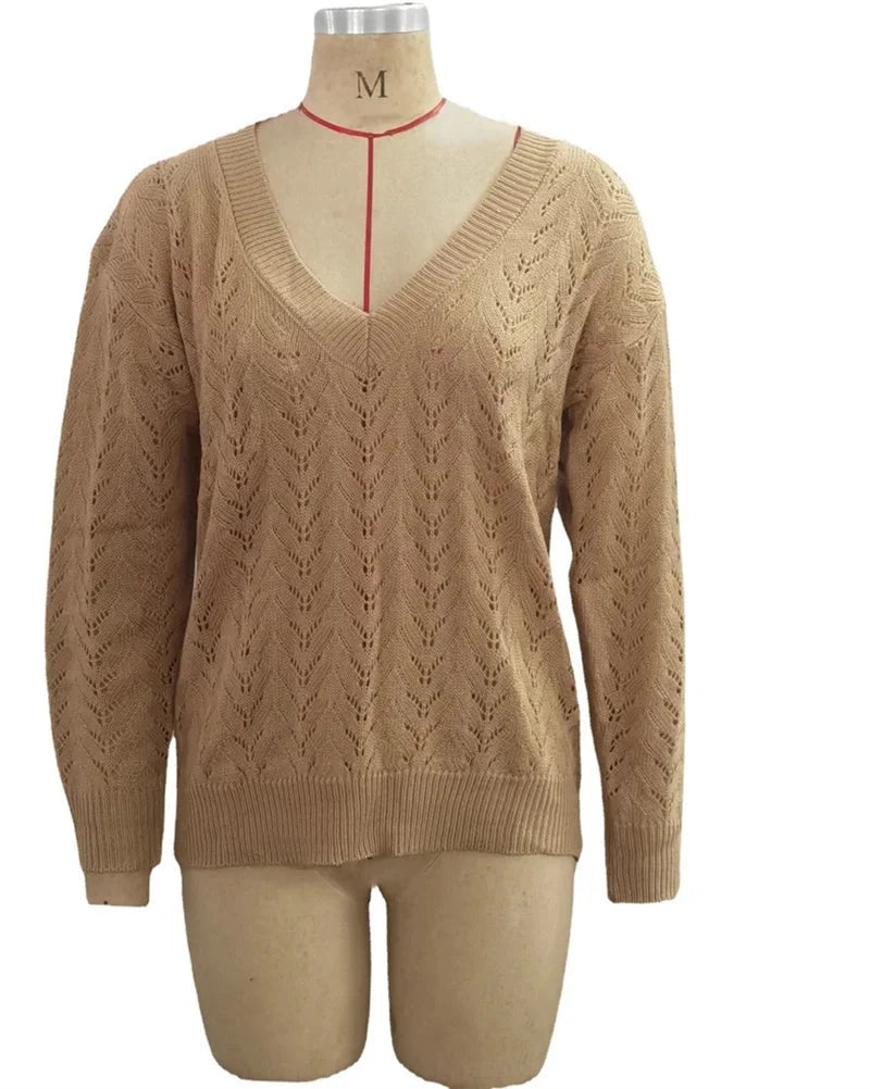 Pull à col en V profond pour femme, pull évidé, manches longues, document solide, chaud, élégant, femme, attrayant pour l'UE, automne, hiver, nouveau MAEJORKEN