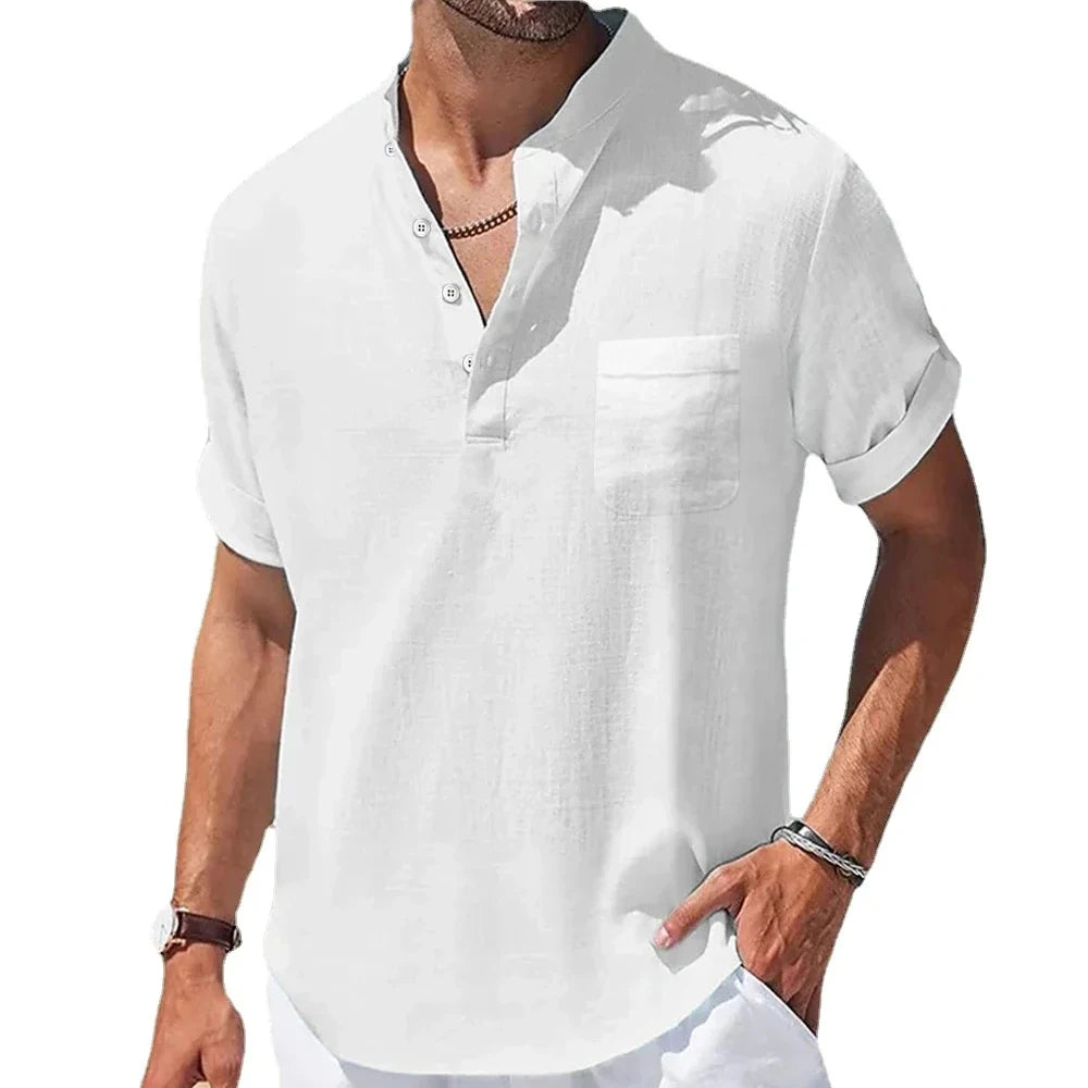 Nouveaux hommes à manches courtes respirant T-shirts été couleur unie chemises de poche de base pour hommes surdimensionné demi bouton lin Streetwear MAEJORKEN