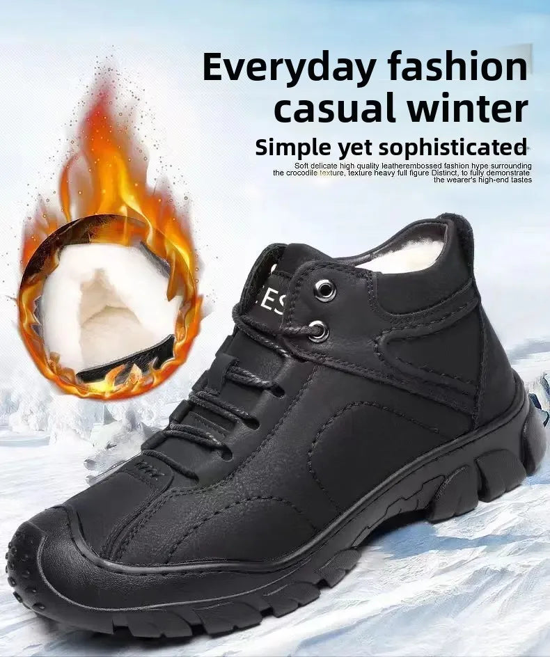 Chaussures d'hiver en cuir imperméable épais pour hommes, doublure polaire, montantes en coton, bottes de neige pour Sports de plein air, semelle extérieure en caoutchouc MAEJORKEN