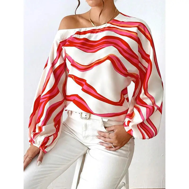 Mode à manches longues Sexy épaules nues chemises femmes Slash cou imprimé Blouses décontractées en vrac femmes élégant Simple dame chemise hauts MAEJORKEN