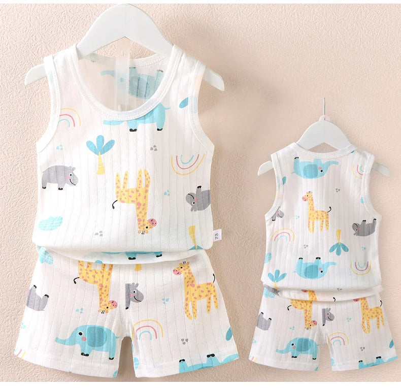 Vêtements pour mères et enfants, en coton imprimé, T-shirt, gilet, hauts et shorts, ensembles pour garçons et filles, mignons et respirants, été MAEJORKEN