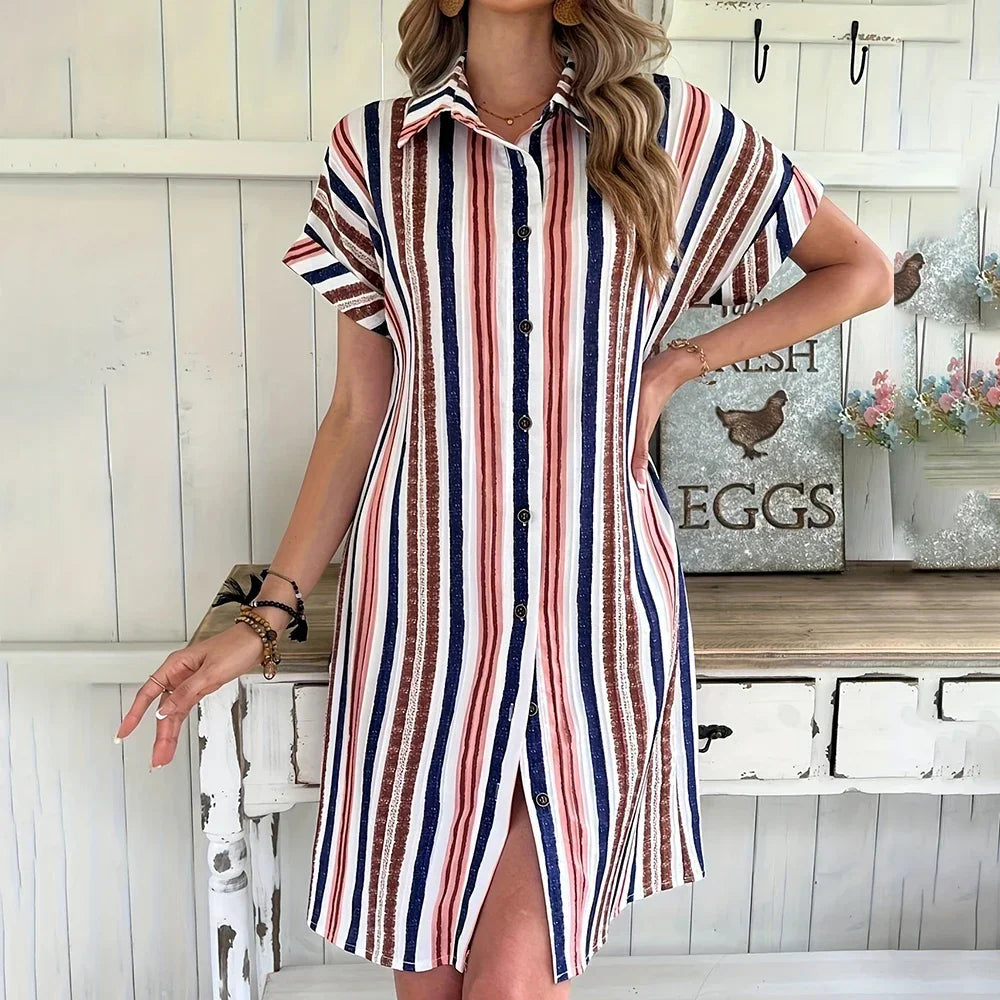 2025 nouvelle femme robe vêtements pour femmes été revers ample à manches courtes chemise bouton rayé robe plage fête femmes Mini robe MAEJORKEN