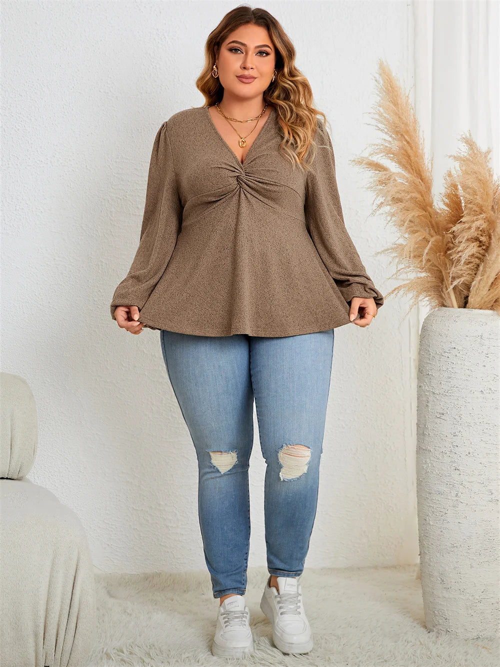 Haut péplum à col en V tunique vintage, manches lanterne du XL au 4XL