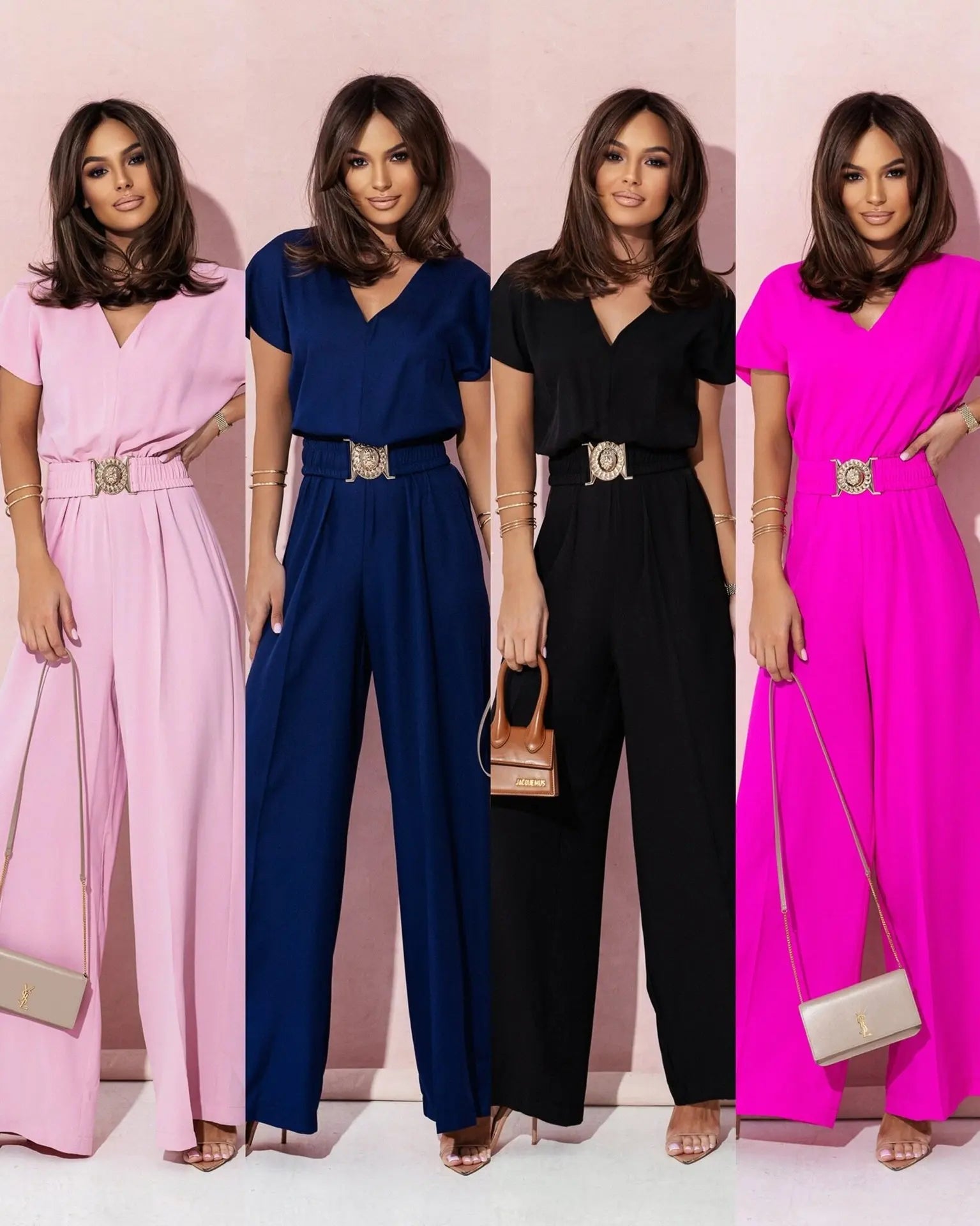 Mode col en v manches courtes taille haute combinaison femmes 2024 été solide jambe large élégant barboteuse Vintage combinaisons salopette femmes MAEJORKEN