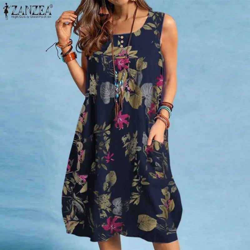 ZANZEA bohème Robe de plage été Vintage imprimé fleuri Robe d'été femmes sans manches genou longueur Robe vacances robes Sarafans MAEJORKEN