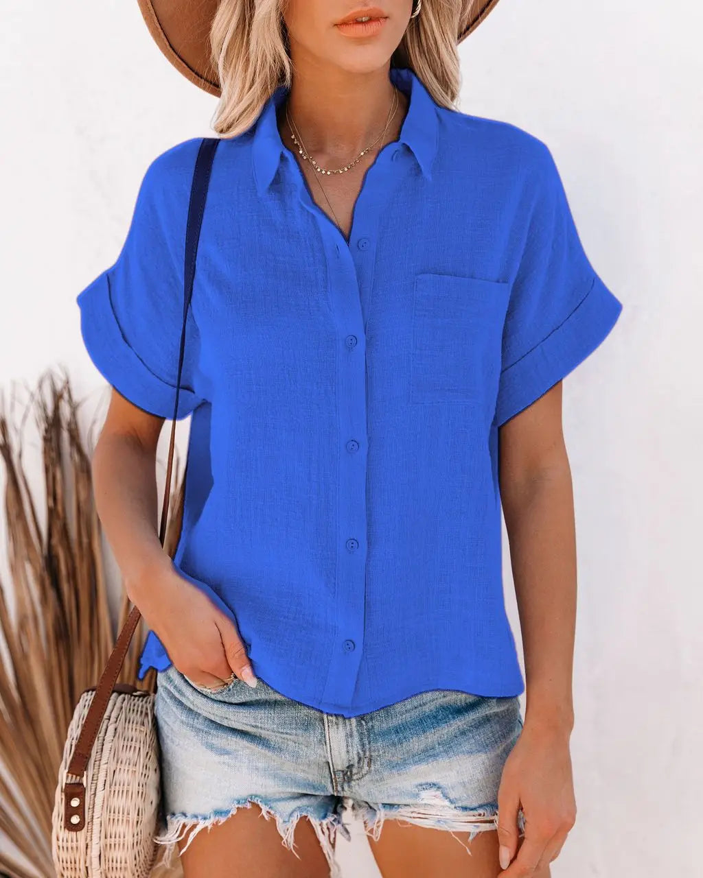 Chemise d'été élégants en coton et lin pour femmes, manches courtes, revers boutonné du S au 2XL MAEJORKEN