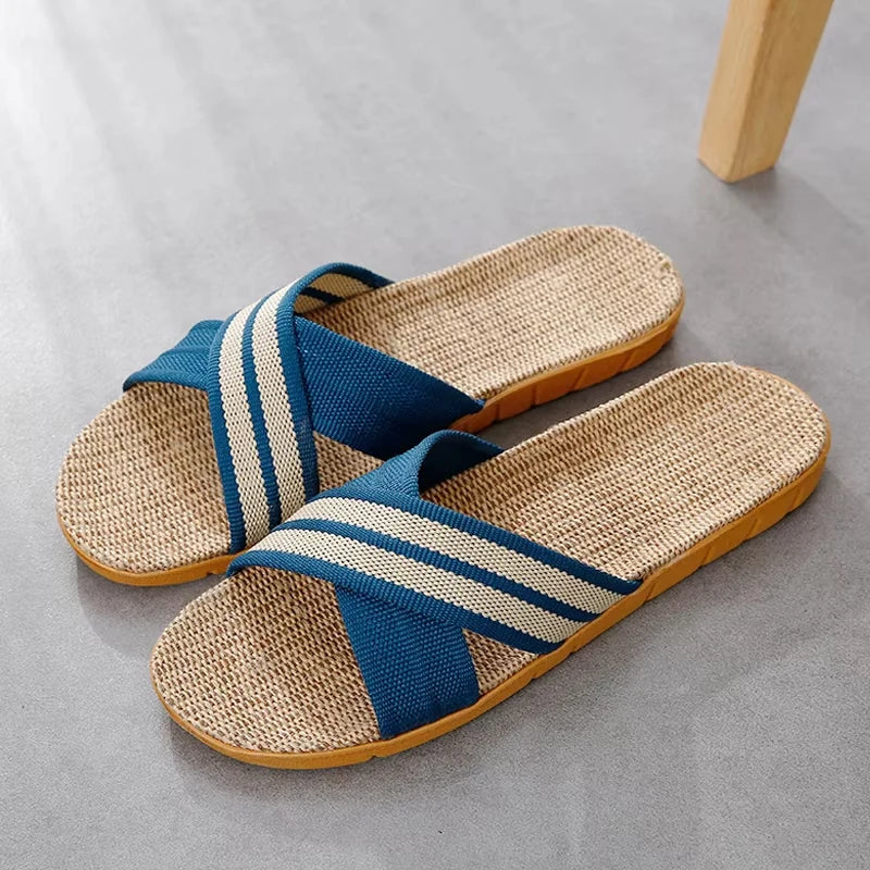 Hommes chaussures pantoufles lin maison intérieure bout ouvert chaussure plate plage pantoufles rayé épissé en caoutchouc sandales Zapatillas Hombre MAEJORKEN