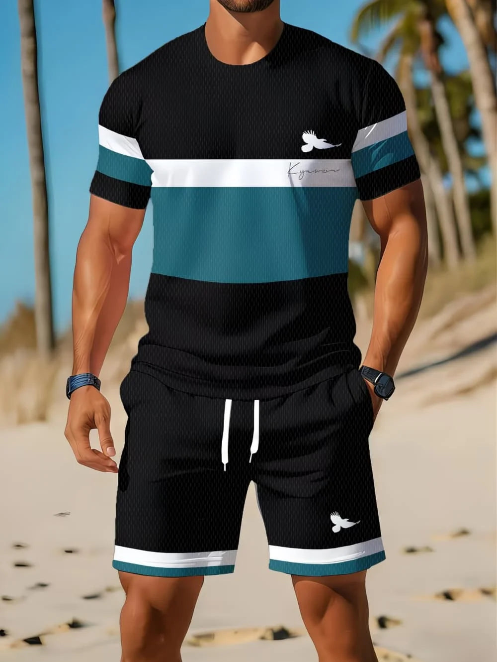 Nouvel Arrivage Été 2026 – Ensemble Décontracté Homme Deux Pièces : Chemise Rayée Imprimée 3D à Manches Courtes et Short de Sport – Ensemble de Fitness pour Homme MAEJORKEN
