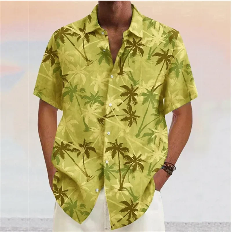 Chemises pour hommes 2023 Cocotier imprimé revers bouton chemise bleu hawaïen manches courtes créateur de mode décontracté doux 7 couleurs été MAEJORKEN