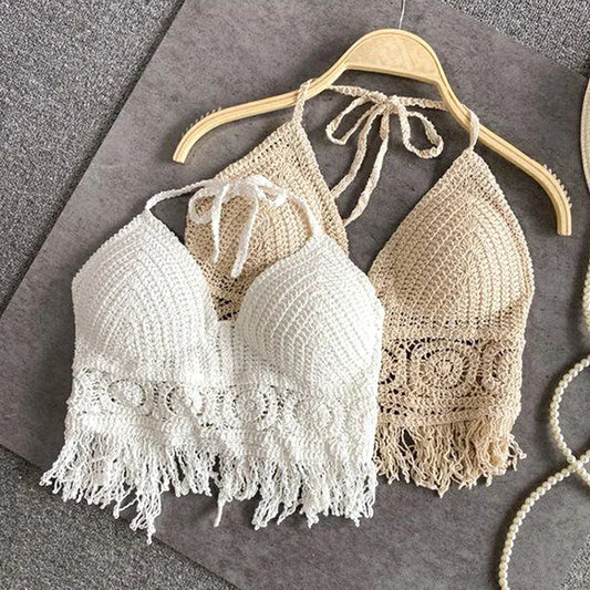 Soutien gorges de maillot de bain de plage sexy pour femmes, dos nu, col licou, crochet, tricot,  glaçure creuse, pompon, haut précieux MAEJORKEN