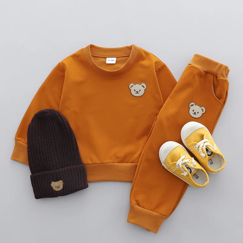 Ensemble 2 pièces pour enfants, pantalon Simple à manches longues et col rond avec tête d'ours, printemps et automne MAEJORKEN