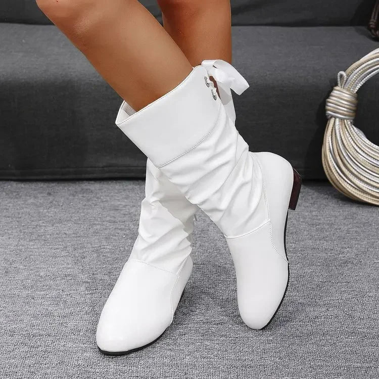 Chaussures pour femmes 2025 printemps genou bottes hautes rouge noir blanc bottes hautes femme plissé talon bas décontracté en cuir femme chaussures longues MAEJORKEN