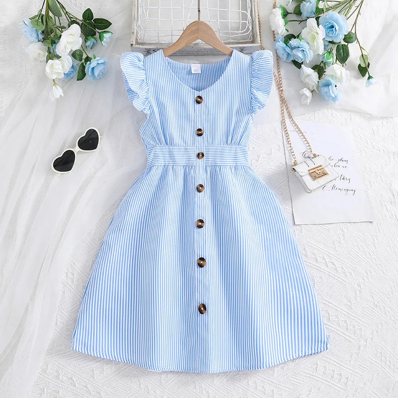 Fille robe d'été manches volantes rayures robe Patchwork couleur chemise robe pour filles décontracté adolescent filles vêtements enfants robes MAEJORKEN