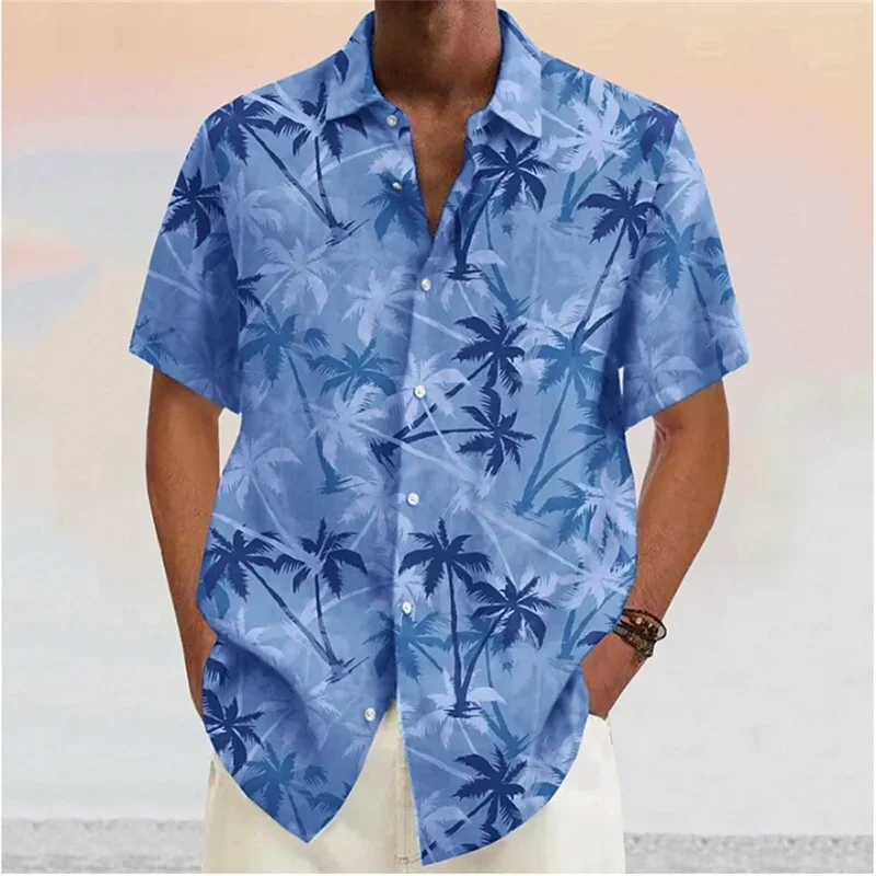 Chemises pour hommes 2023 Cocotier imprimé revers bouton chemise bleu hawaïen manches courtes créateur de mode décontracté doux 7 couleurs été MAEJORKEN