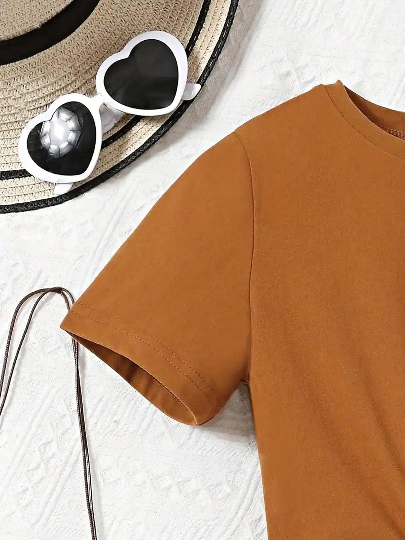 Ensemble 2 pièces décontracté pour filles : T-shirt à manches courtes imprimé cœur et short imprimé rayé, avec ceinture rayée assortie du 8 au 12 ans MAEJORKEN