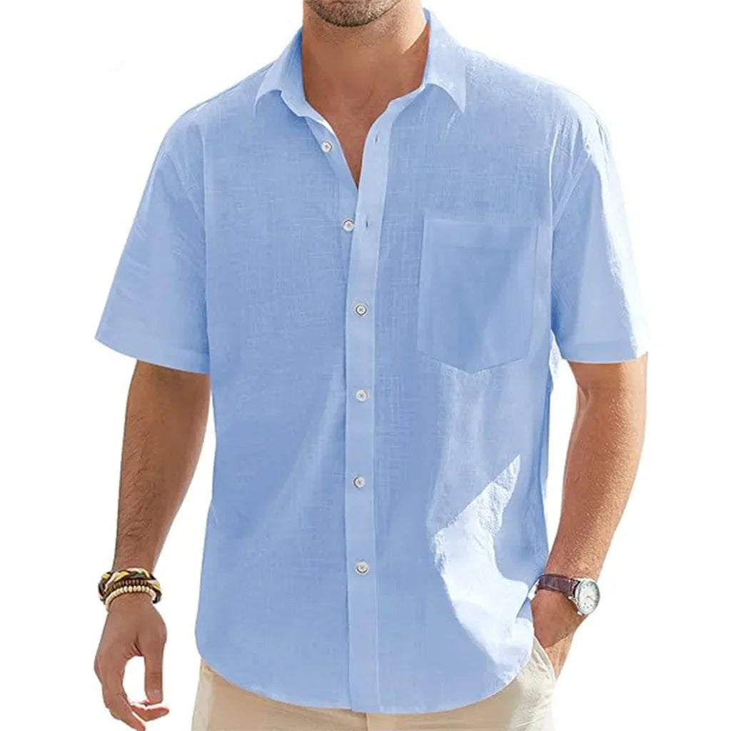 Chemises d'été à manches courtes en coton et lin pour hommes, col carré solide, chemise décontractée respirante, Vintage, légère, chemisier de plage du S au 5XL MAEJORKEN