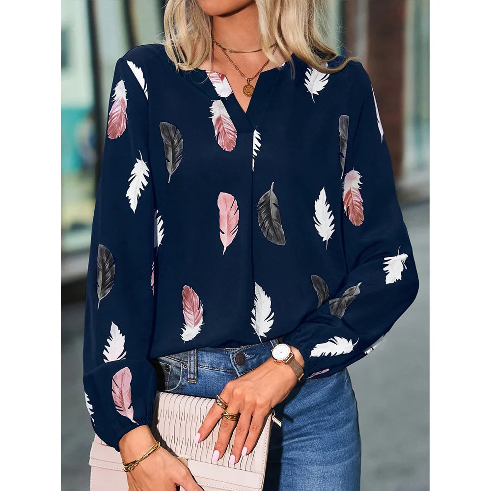 Chemisier femmes haut élégant à manches longues motif de plumes élégant en mousseline de soie du S au 3XL MAEJORKEN