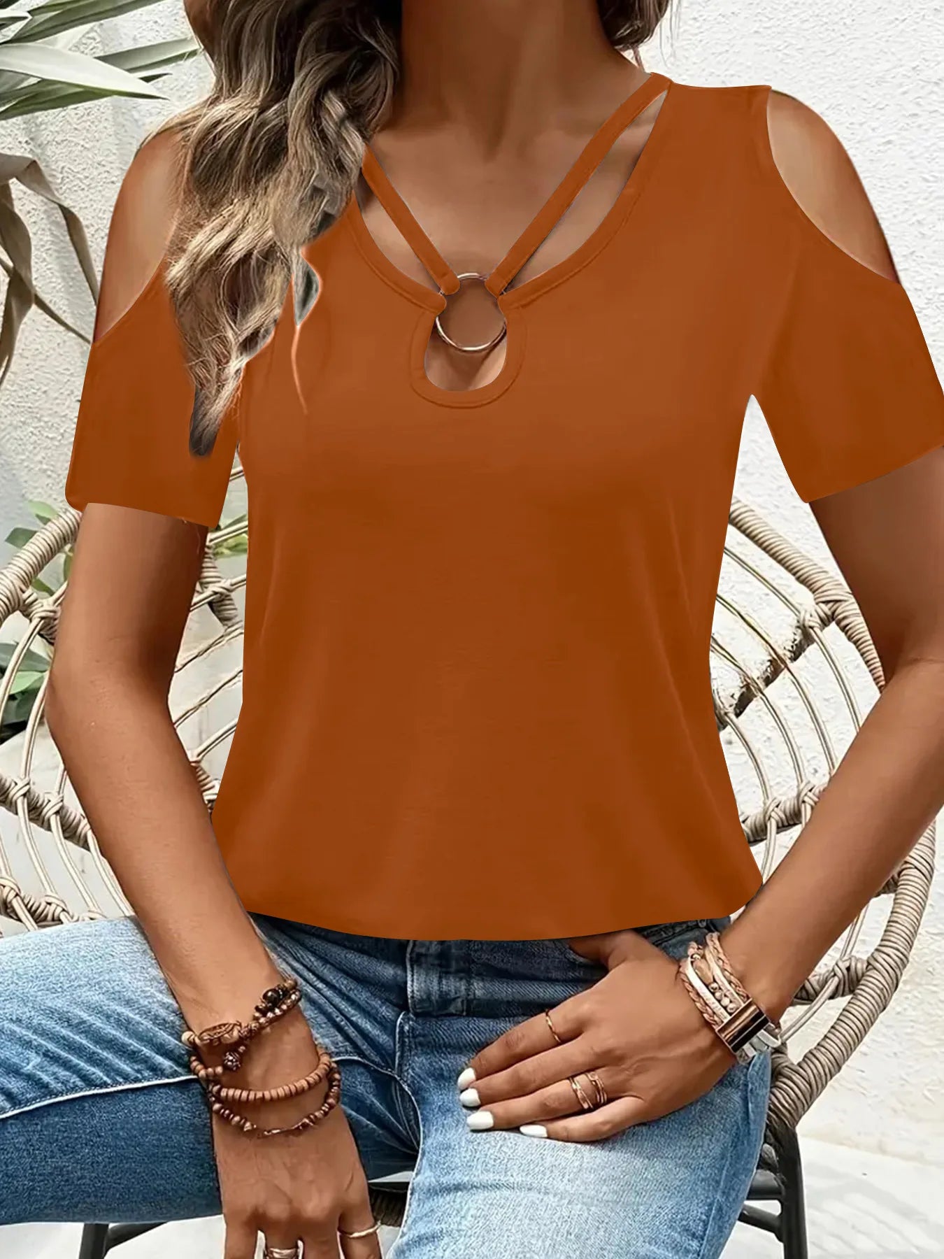 T-shirt à manches courtes décontracté épaules nues col en V couleurs unies du S au 2XL