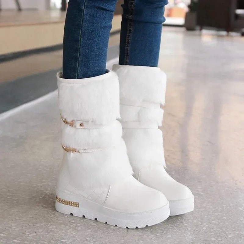 Bottes de neige à fond plat pour femmes, bottes en laine à tube moyen suréWer, chaussures en coton avec grande ceinture, bottes en velours pour femmes, hiver MAEJORKEN