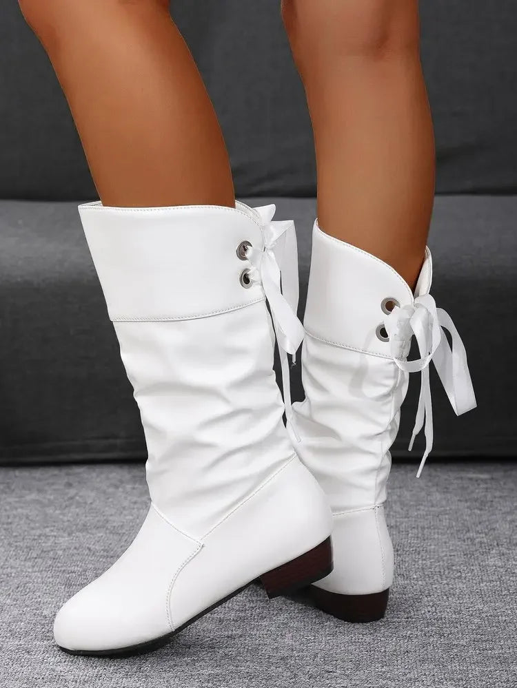 Chaussures pour femmes 2025 printemps genou bottes hautes rouge noir blanc bottes hautes femme plissé talon bas décontracté en cuir femme chaussures longues MAEJORKEN