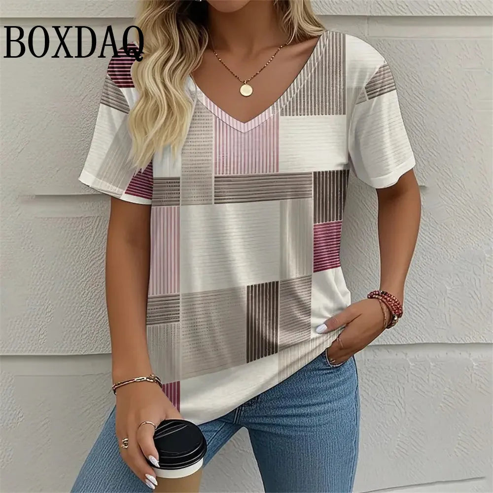 T-Shirt d'été à manches courtes et col en V imprimé graphique du 1XL au 8XL