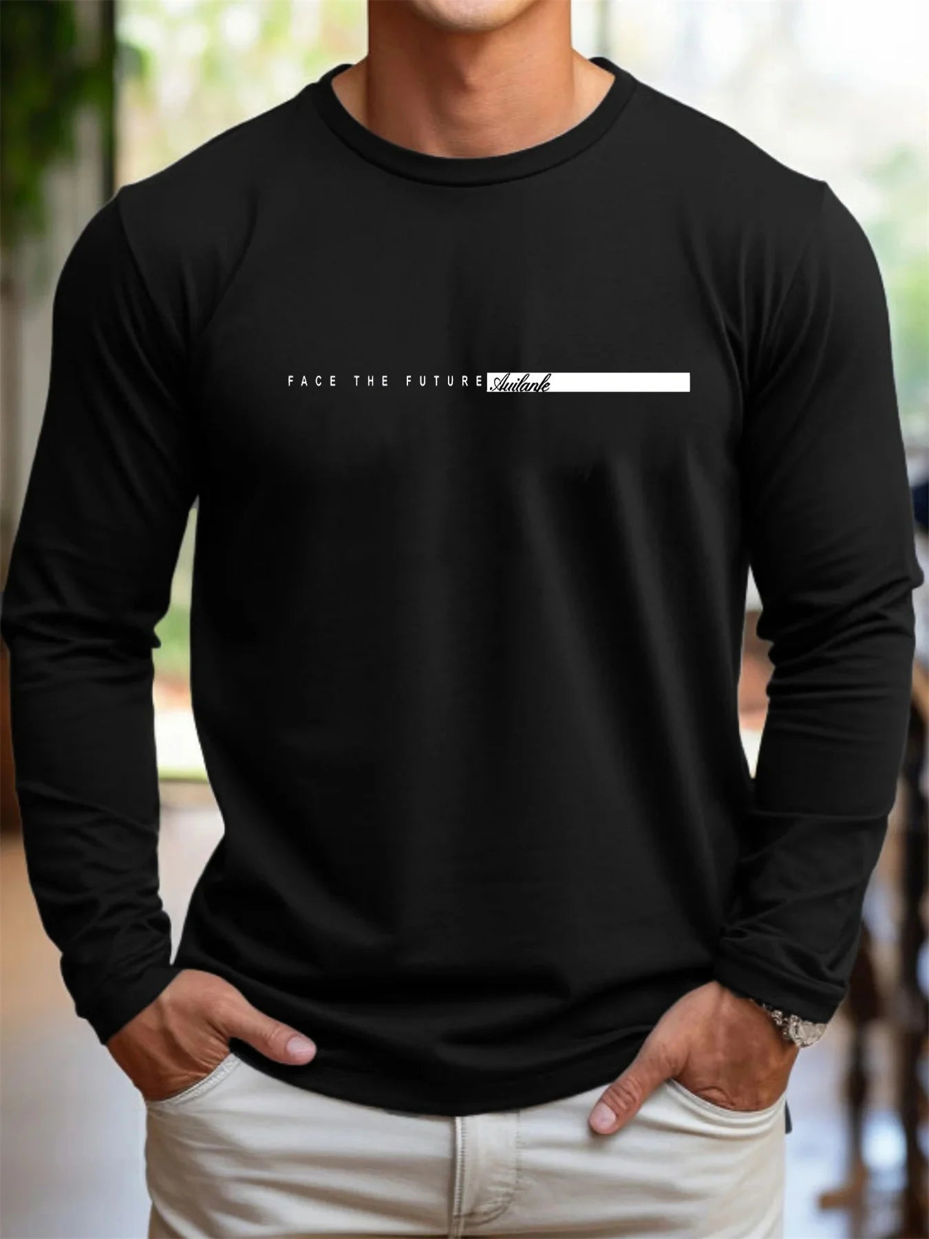100% pur coton hommes à manches longues col rond ample décontracté futur lettre motif imprimé printemps et automne polyvalent T-shirt MAEJORKEN