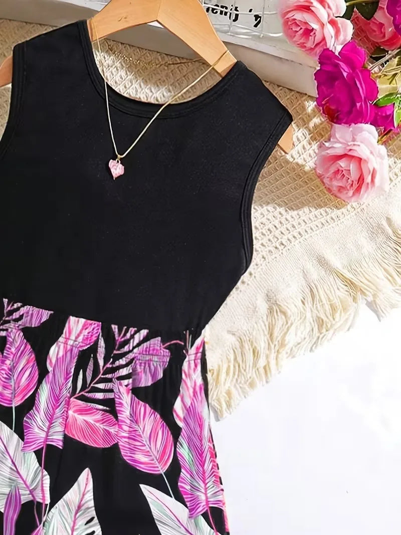 Combinaison tropicale pour filles – Haut noir sans manches avec pantalon à jambes larges à imprimé feuilles roses pour l'été MAEJORKEN
