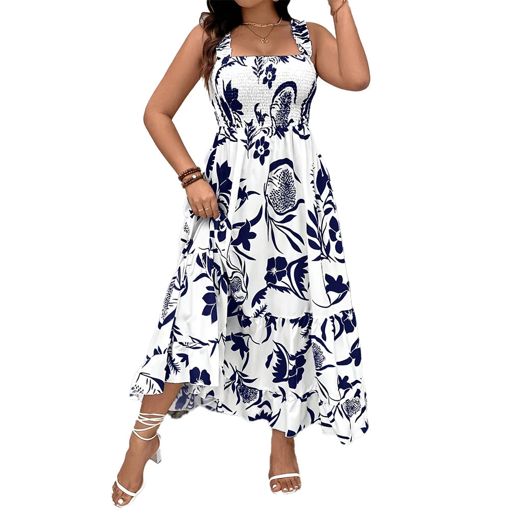 Grande taille 2025 été nouvelle robe florale de vacances licou avec ourlet à volants et buste froncé robe grande taille Polyester MAEJORKEN