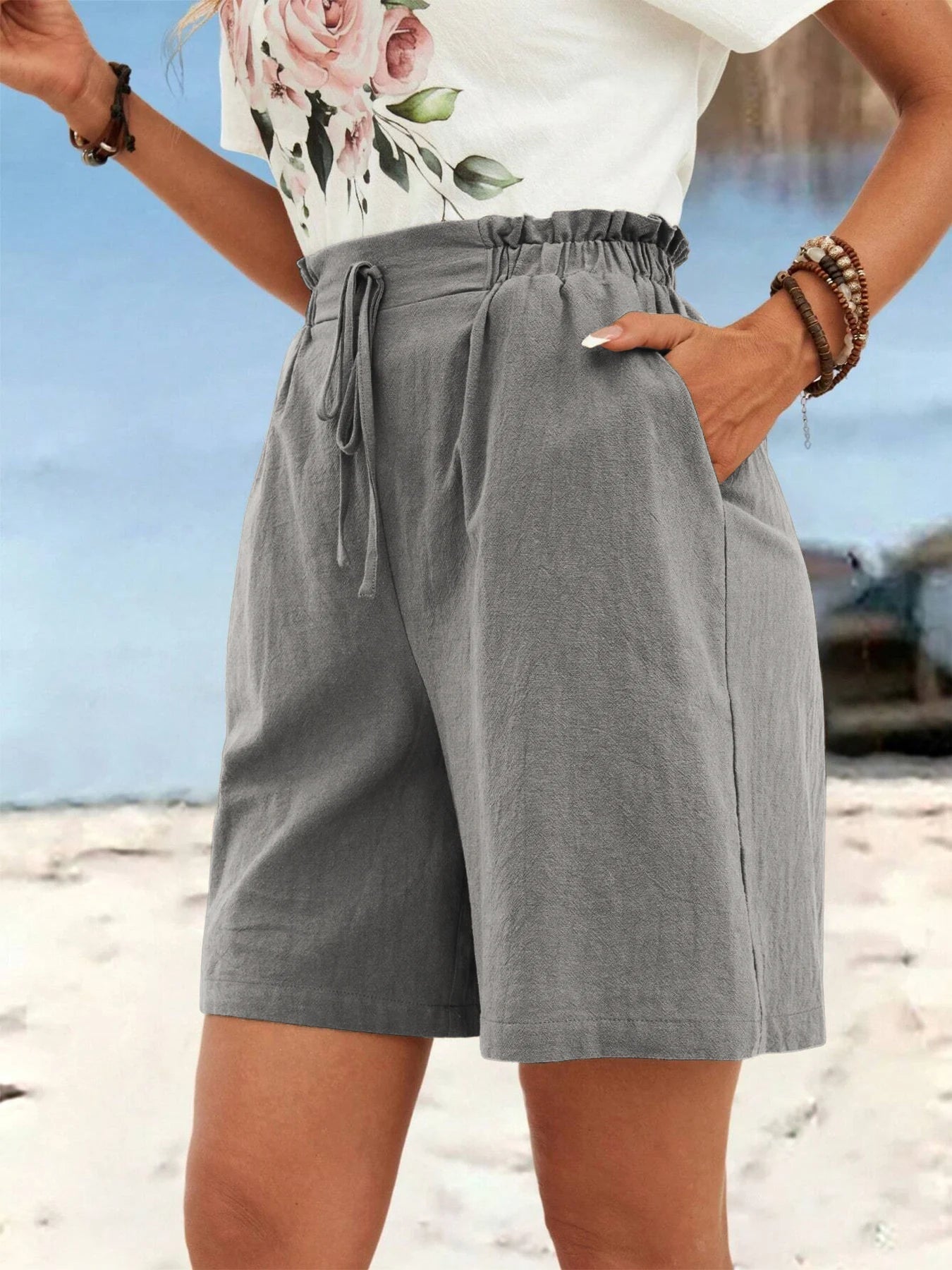 Short en lin de couleur unie pour femmes, short de sport décontracté, pantalon trois-quarts avec cordon de serrage, printemps et été MAEJORKEN