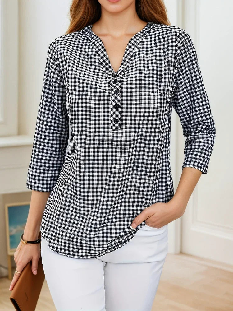 Grande taille printemps automne femmes Fine Plaid mode à manches longues col en v Blouse coupe ajustée tempérament haut ventre couvrant petites chemises MAEJORKEN