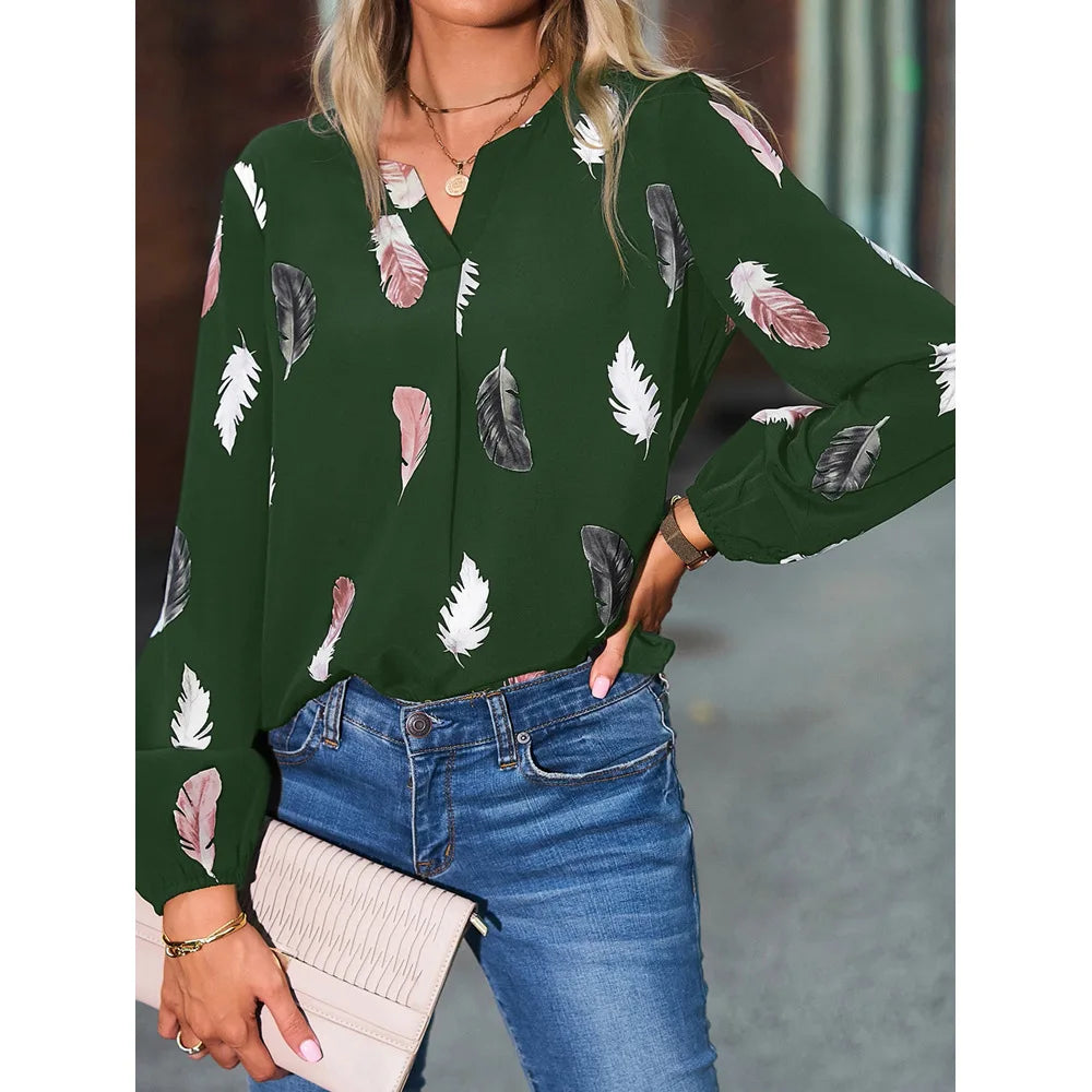 Chemisier femmes haut élégant à manches longues motif de plumes élégant en mousseline de soie du S au 3XL MAEJORKEN