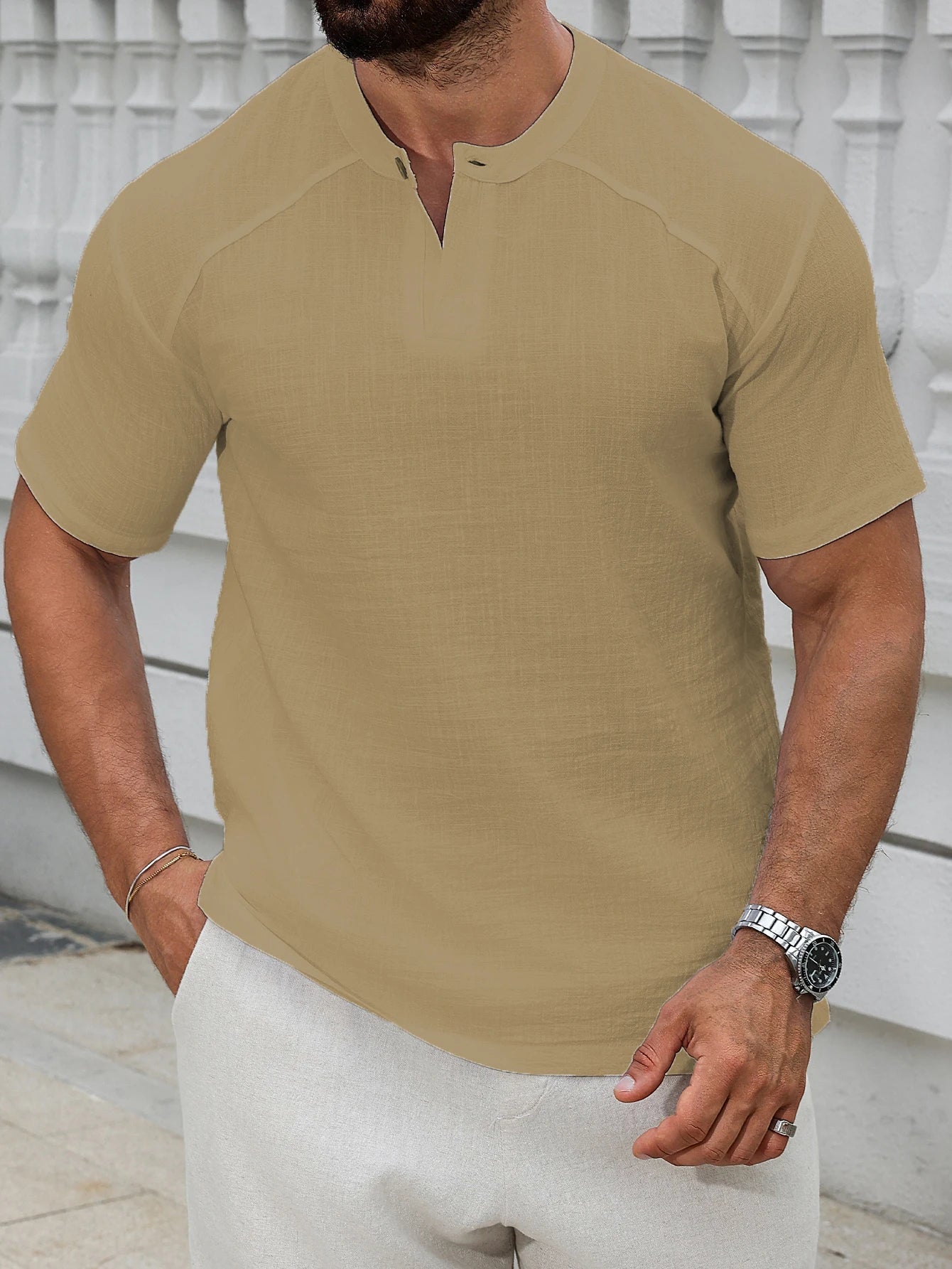 1 pièces hommes lin à manches courtes petit haut col rond pull décontracté couleur unie col Henry T-Shirt avec boutons mode Hippie MAEJORKEN