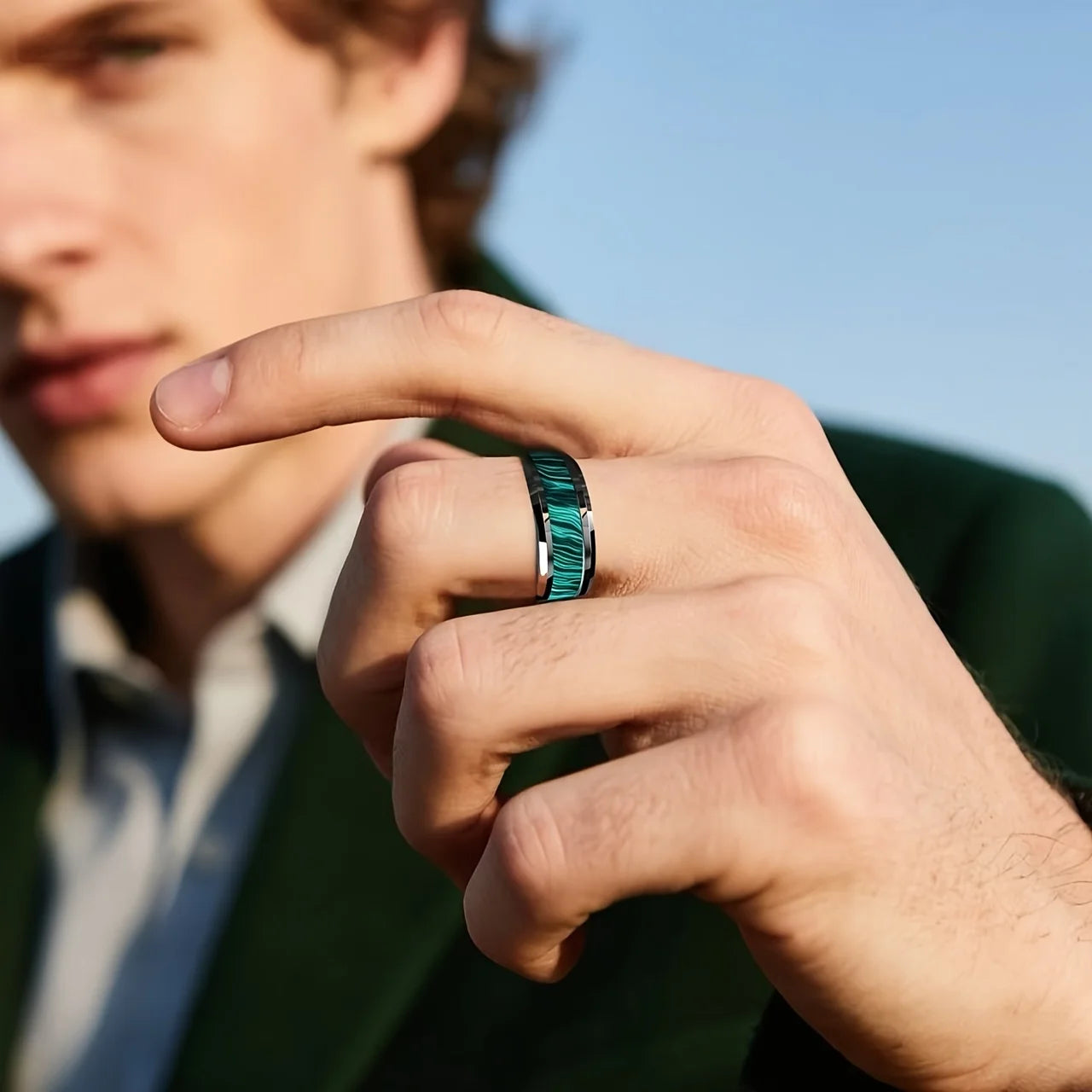 Bagues en acier inoxydable pour hommes, Imitation de pierre de paon, incrustation de 8MM, couleur argent, bijoux de mariage pour hommes, vente en gros MAEJORKEN