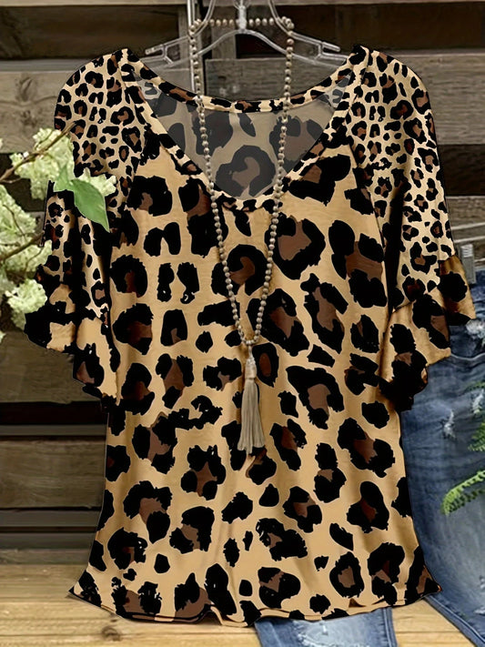 T-shirt imprimé léopard grande taille pour femme, haut décontracté à manches courtes pour le printemps et l'été, vêtements grande taille MAEJORKEN