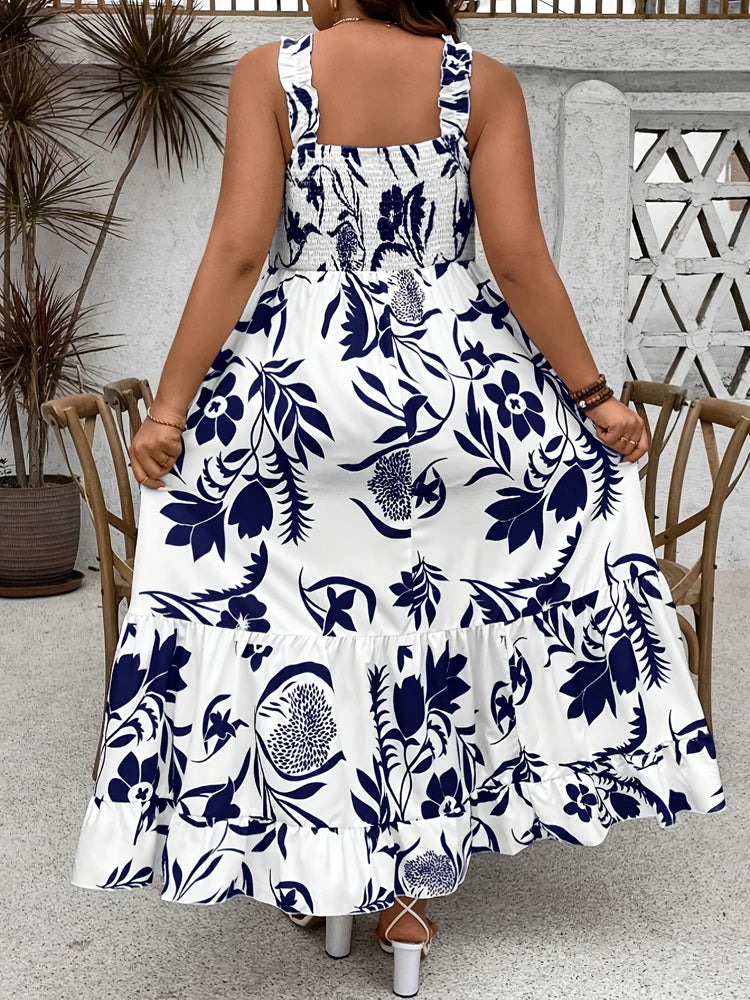 Grande taille 2025 été nouvelle robe florale de vacances licou avec ourlet à volants et buste froncé robe grande taille Polyester MAEJORKEN