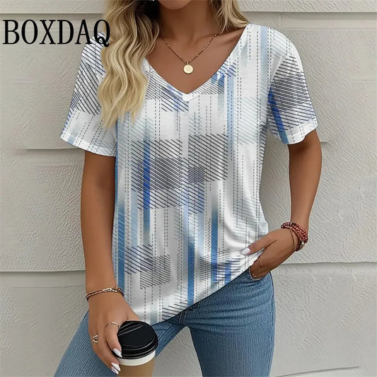 T-Shirt d'été à manches courtes et col en V imprimé graphique du 1XL au 8XL