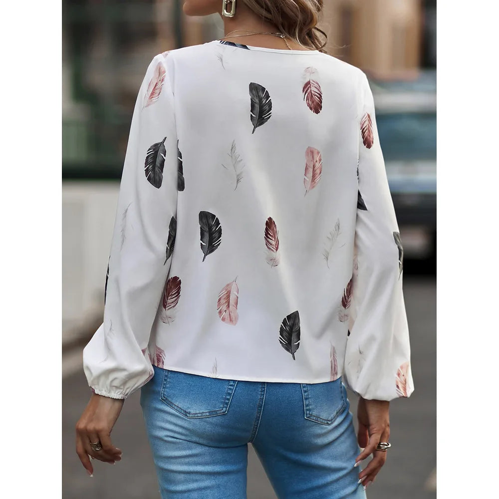 Mode femme Blouse chemises pour femmes haut élégant à manches longues motif de plumes femmes hauts élégant en mousseline de soie Mujer femme vêtements MAEJORKEN