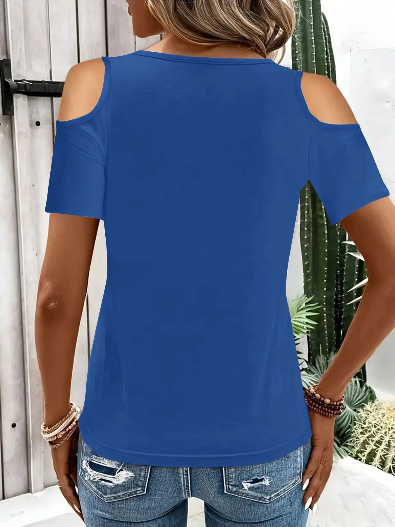 T-shirt à manches courtes décontracté épaules nues col en V couleurs unies du S au 2XL