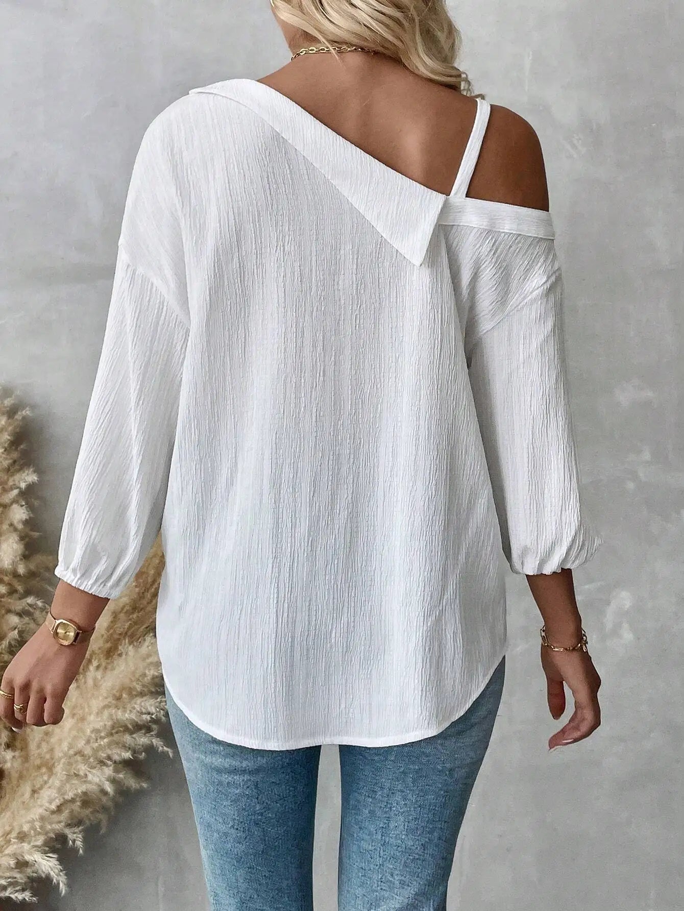 Chemise élégante pour femmes, épaules dénudées, trois quarts, chemisier sexy, décontracté, boutons unis, chemise ample, hauts de bureau pour femmes, streetwear, tuniques du S au XL MAEJORKEN