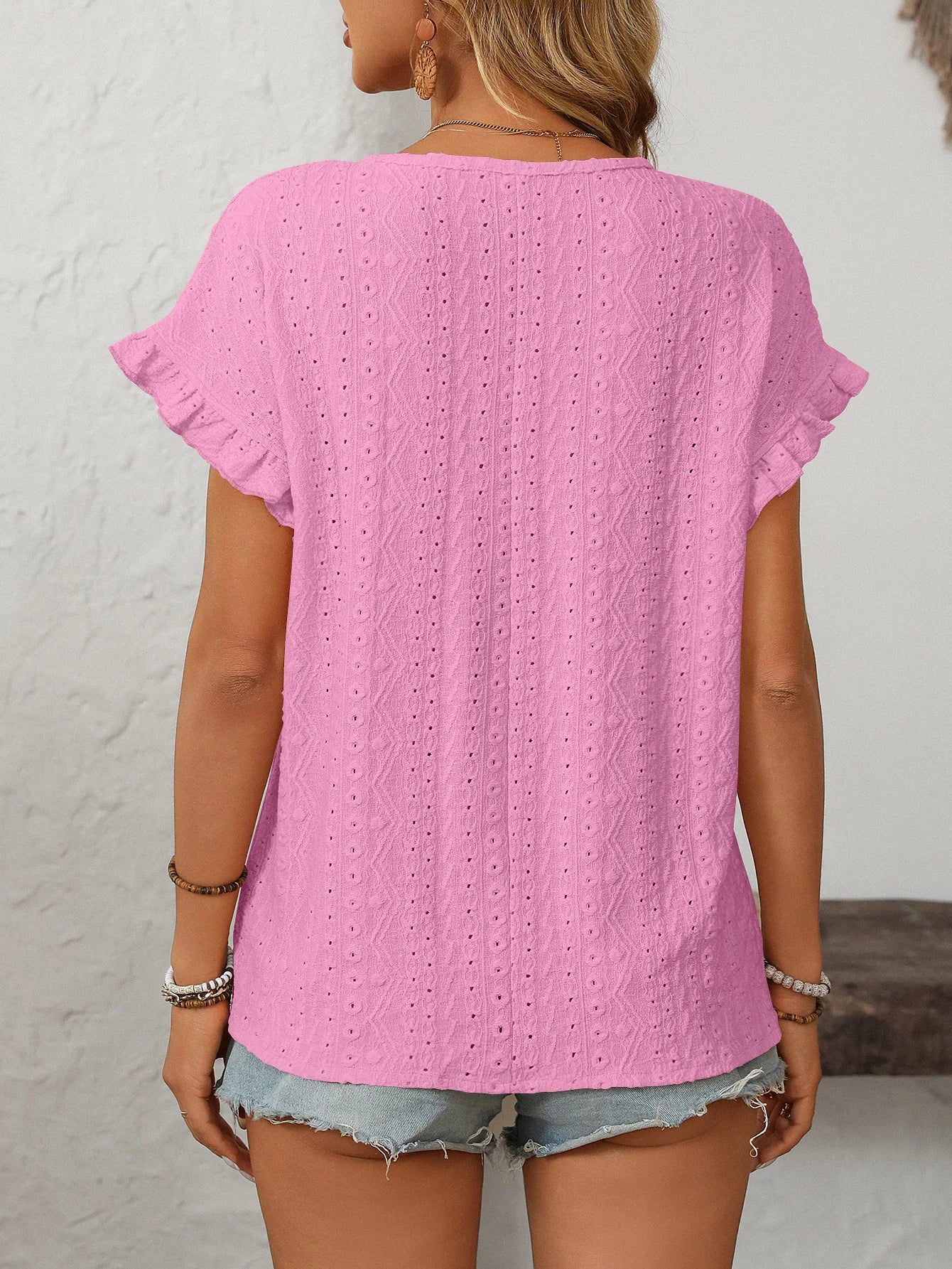 T-shirt à manches courtes et col rond pour femme, couleur unie, doux, ajouré du S au 2XL