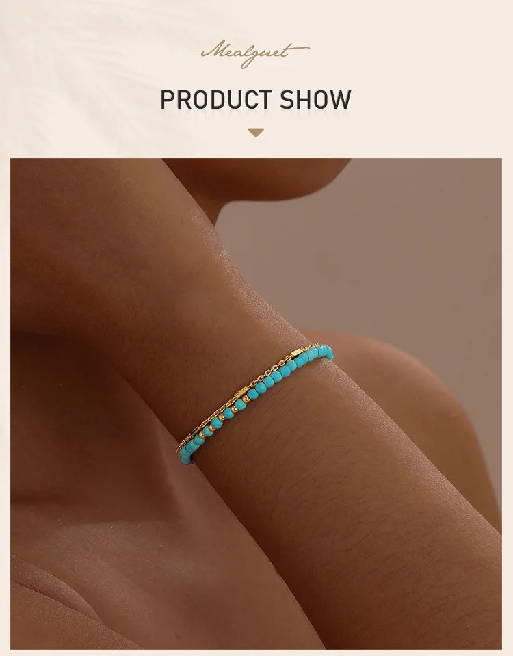 Bracelet turquoise pour femmes, bracelet double rond perlé, cadeau de bijoux plaqué or sans tarjuvenfree MAEJORKEN