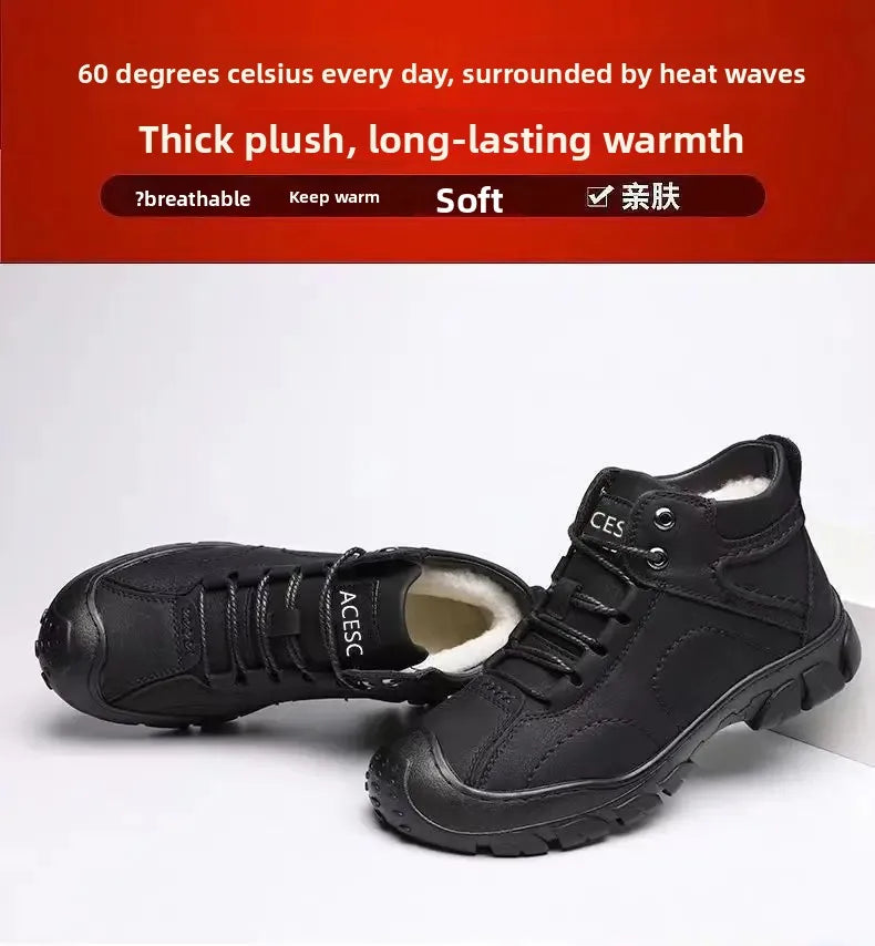 Chaussures d'hiver en cuir imperméable épais pour hommes, doublure polaire, montantes en coton, bottes de neige pour Sports de plein air, semelle extérieure en caoutchouc MAEJORKEN