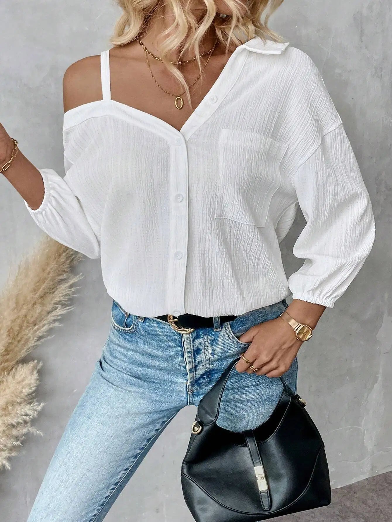 Chemise élégante pour femmes, épaules dénudées, trois quarts, chemisier sexy, décontracté, boutons unis, chemise ample, hauts de bureau pour femmes, streetwear, tuniques du S au XL MAEJORKEN