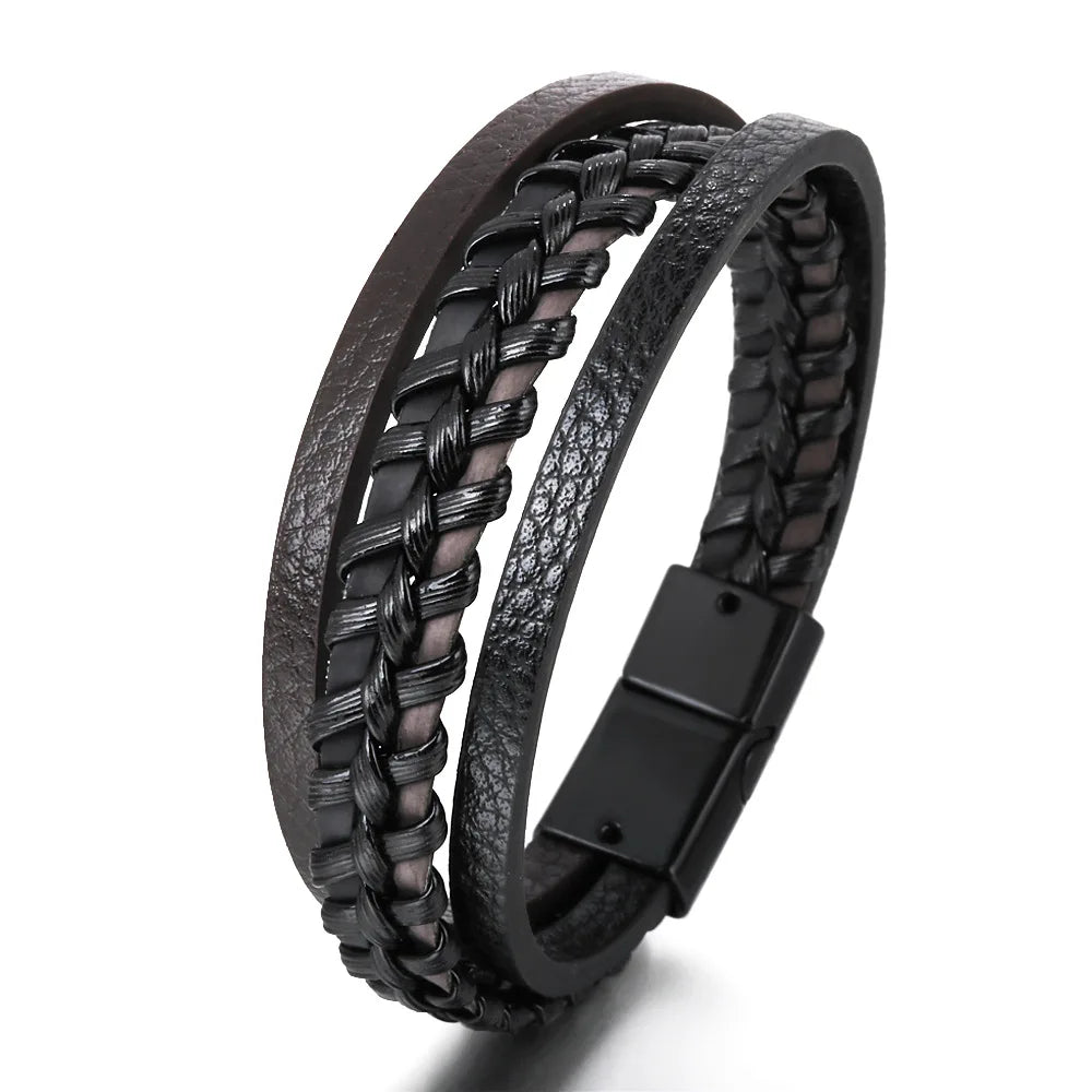 Bracelets en cuir tendance pour hommes, en acier inoxydable, corde tressée multicouche de 21CM, bijoux cadeaux MAEJORKEN