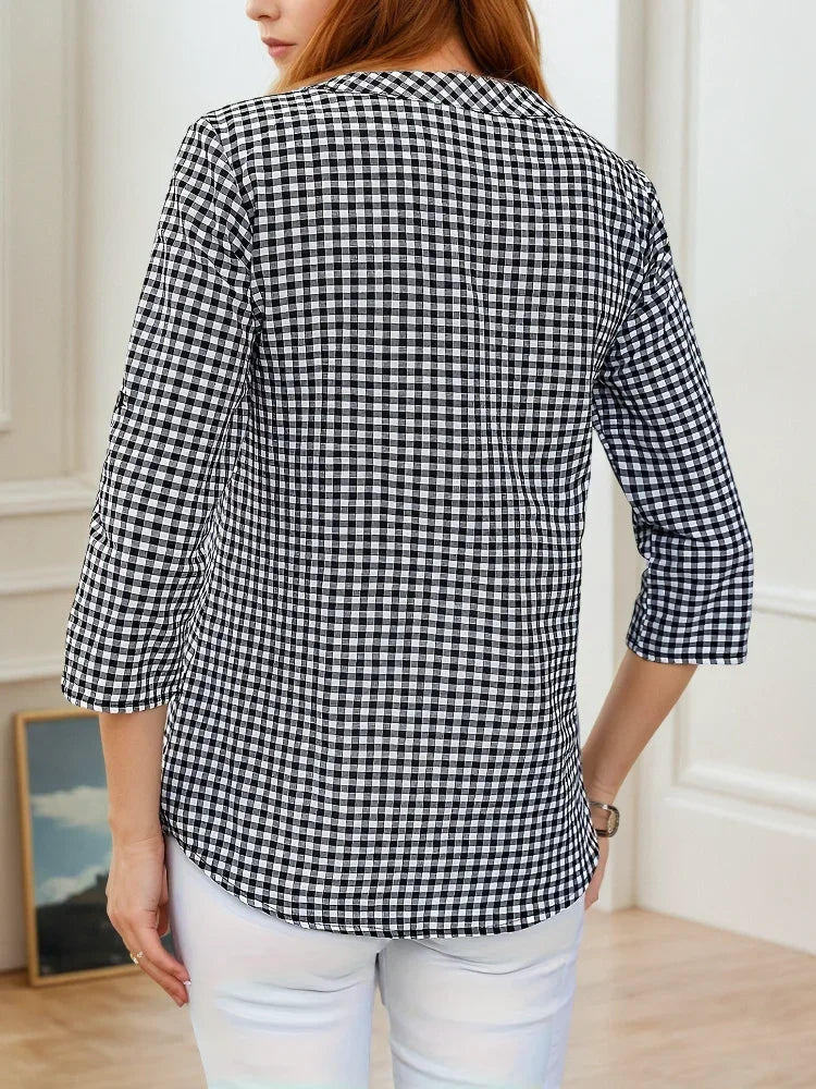 Grande taille printemps automne femmes Fine Plaid mode à manches longues col en v Blouse coupe ajustée tempérament haut ventre couvrant petites chemises MAEJORKEN
