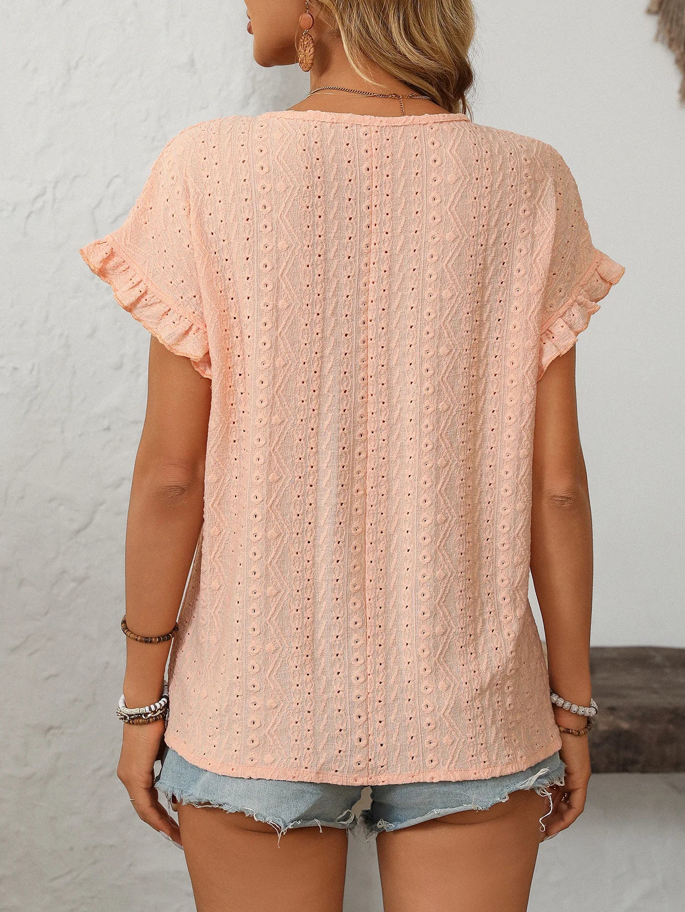 T-shirt à manches courtes et col rond pour femme, couleur unie, doux, ajouré du S au 2XL