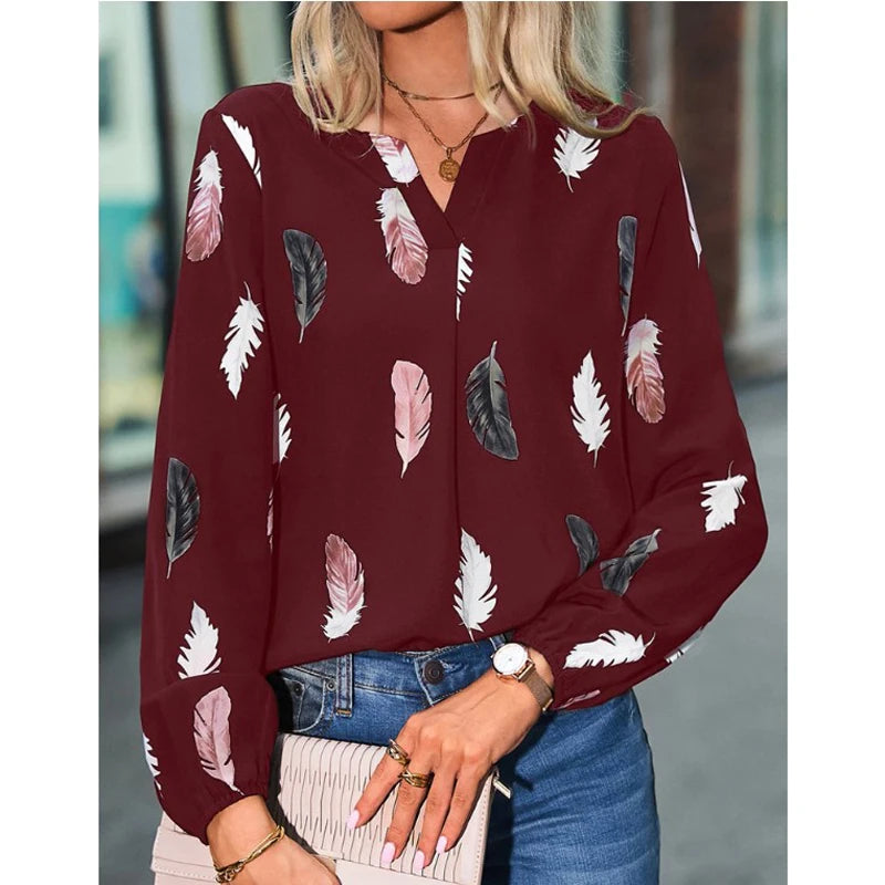 Chemisier femmes haut élégant à manches longues motif de plumes élégant en mousseline de soie du S au 3XL MAEJORKEN