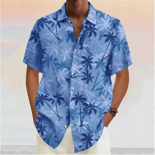 Chemises pour hommes 2023 Cocotier imprimé revers bouton chemise bleu hawaïen manches courtes créateur de mode décontracté doux 7 couleurs été MAEJORKEN